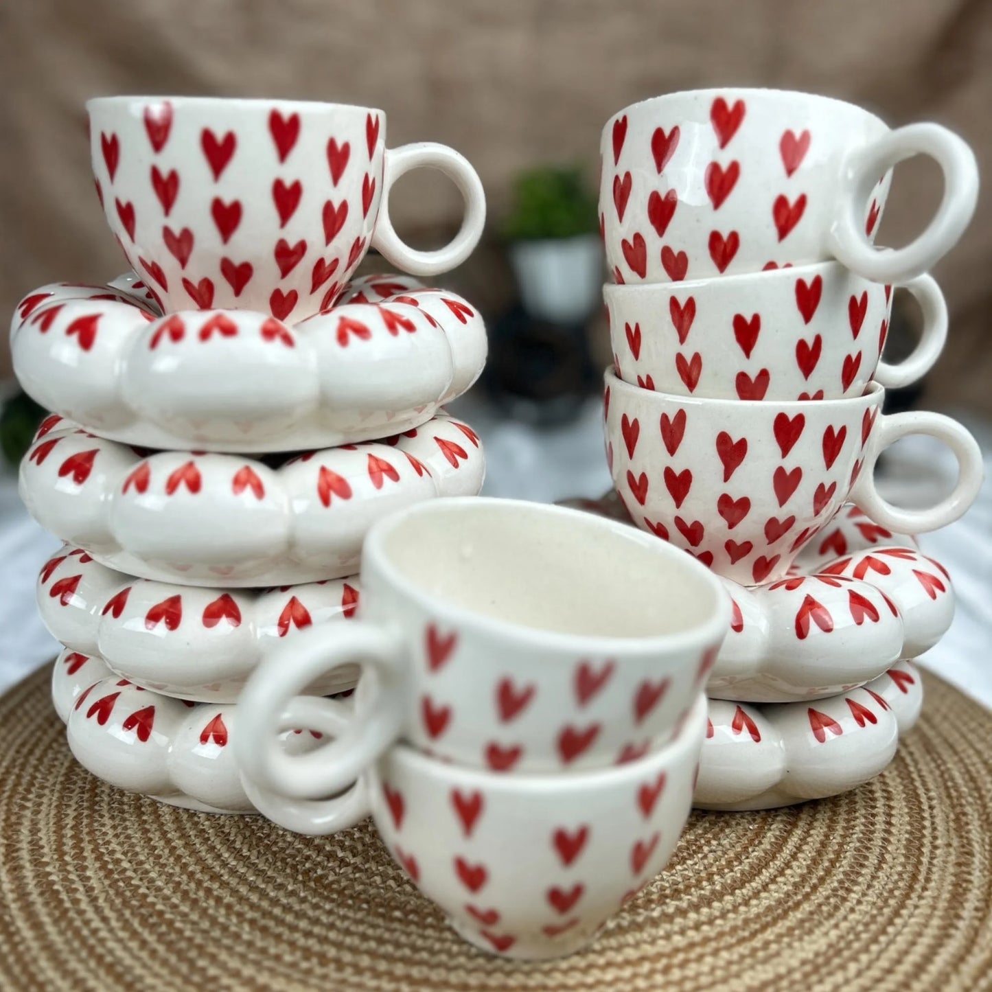 Red cup and saucers