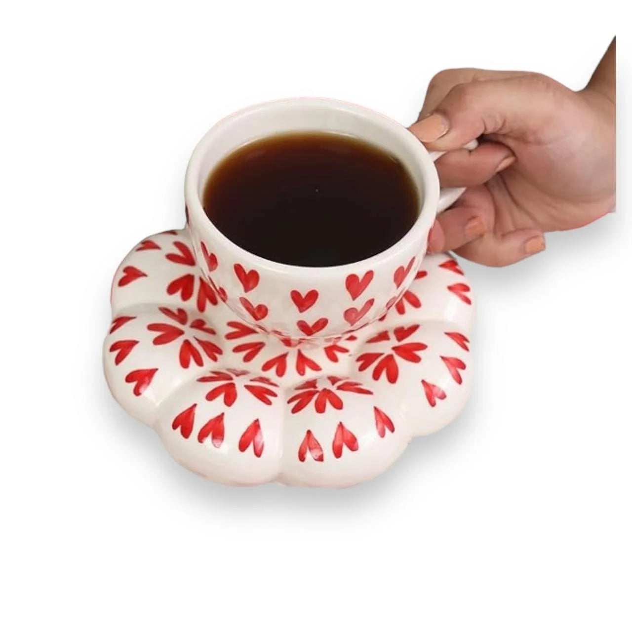 Red cup and saucers